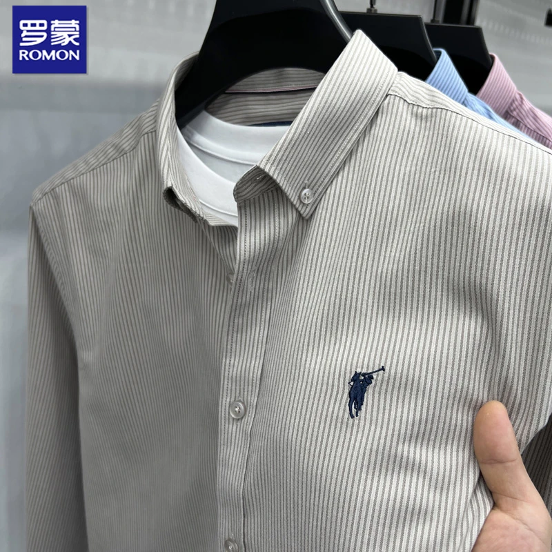罗蒙高档轻奢男士长袖衬衫春秋季条纹百搭马秋季韩版男士条纹衬衫