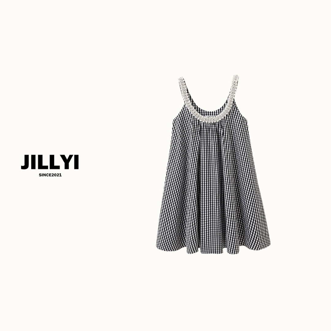 JILLYI珠海店【璀璨格纹】黑白格子U领钉珠无袖夏季千鸟格时尚连衣