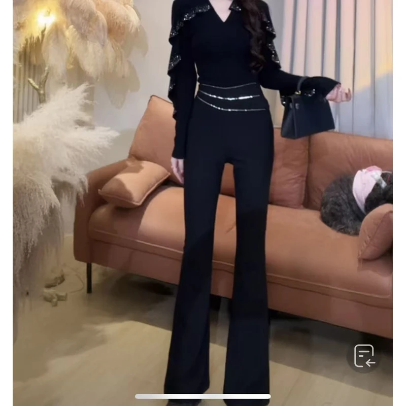 【美美专享】881013秋季新款修身钻边显瘦超模裤女