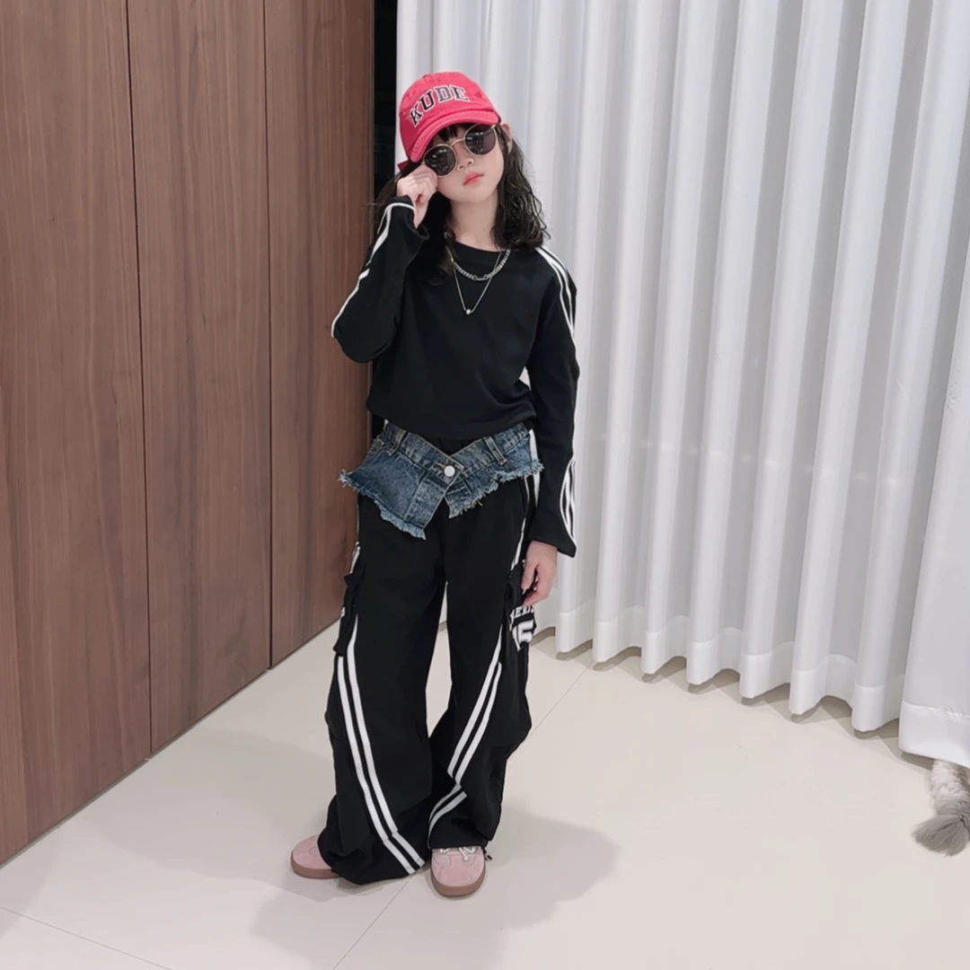 潮酷女童2025秋装新款韩版时髦工装休闲裤中大童拉条卫衣两件套韩