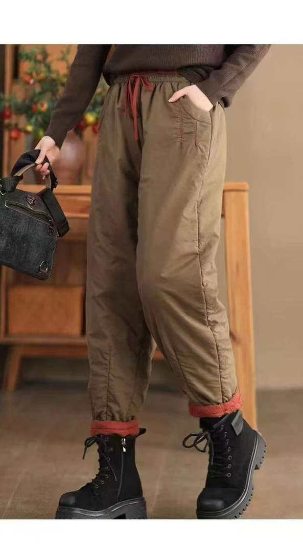 2025新款夹棉时尚百搭撞色松紧腰女款全棉哈伦裤小脚棉裤裤子8008