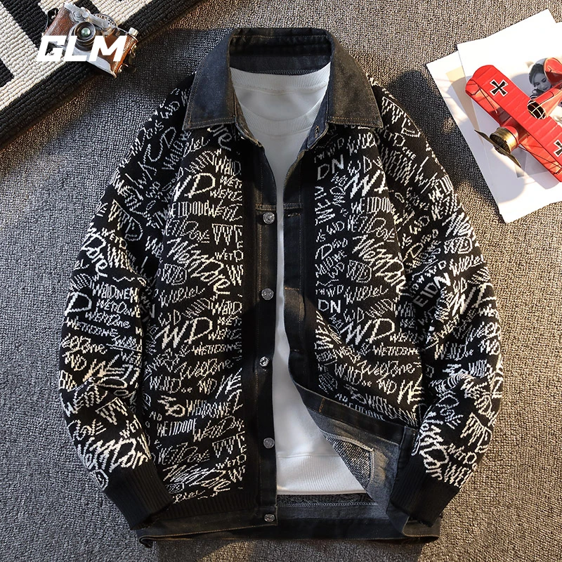 GLM假两件开衫毛衣外套男秋冬新款青少年潮流宽松牛仔拼接针织衫