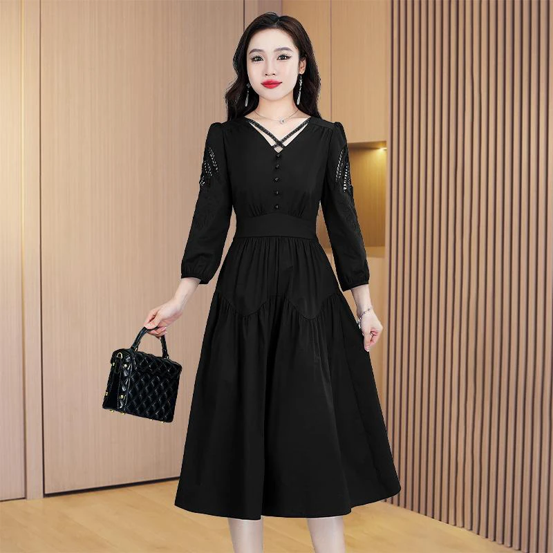 优雅新款气质时尚大气连衣裙法式减龄收腰显瘦黑色裙子女1955