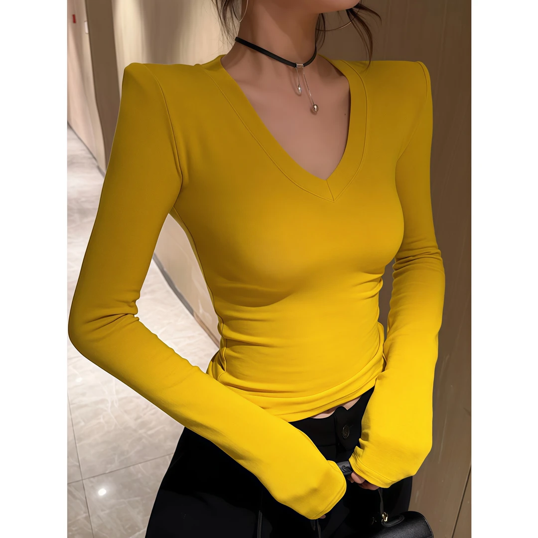 韩系辣妹V领长袖正肩打底衫T恤女秋冬季新款修身显瘦磨毛加绒上衣