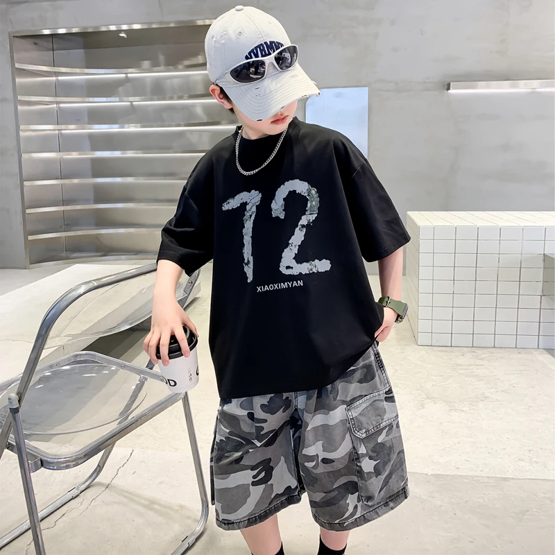 男童夏季迷彩裤套装2025新款中大童宽松休闲T恤儿童百搭半袖上衣T