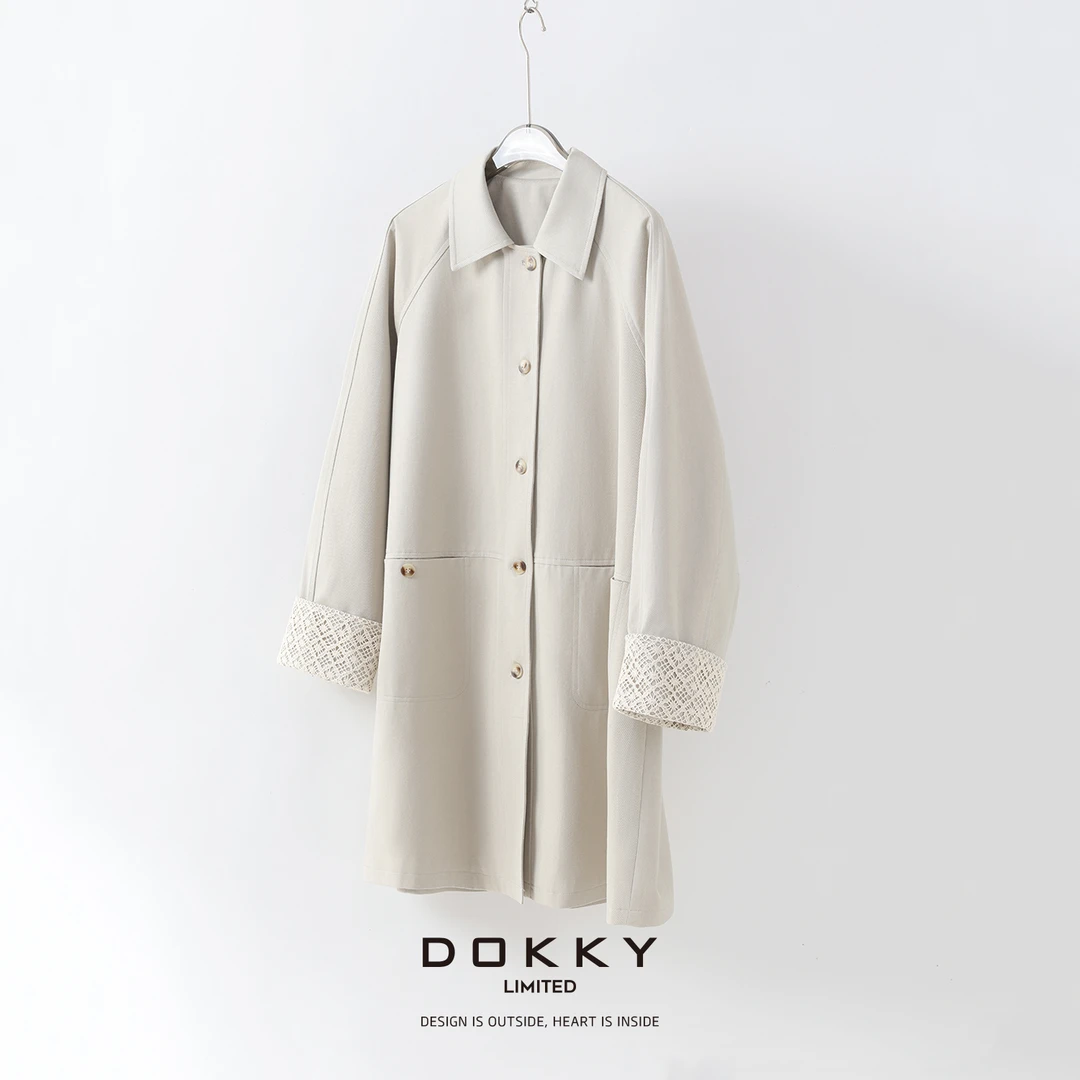 【布达佩斯】DOKKY英伦时髦.钩花袖口.高级休闲|中长款风衣外套