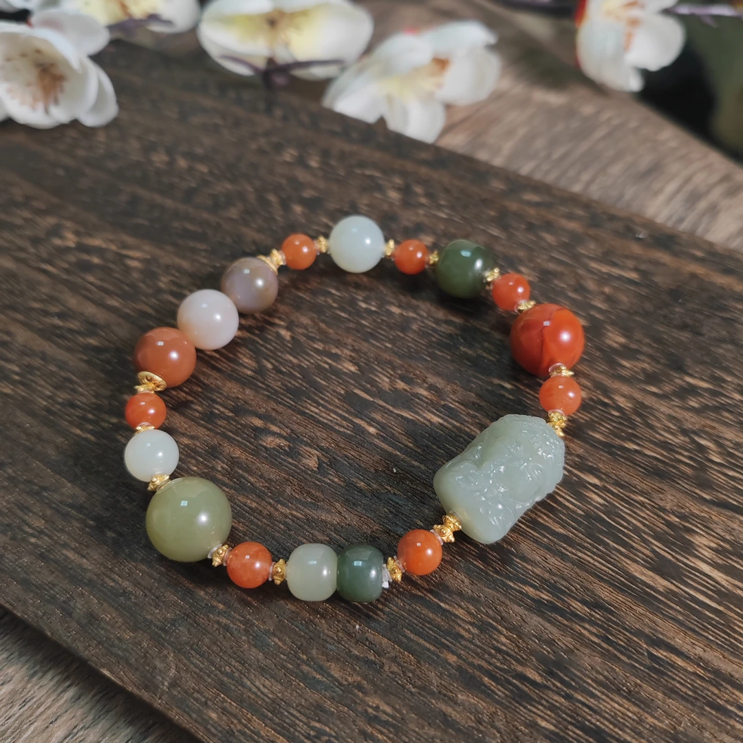 保山南红 和田玉扎基雕刻单圈手串