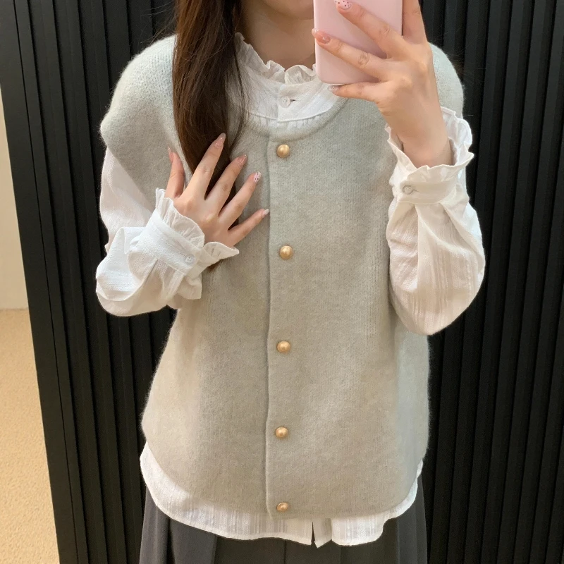 韩系甜美温柔木耳边衬衫女2025秋季新款长袖衬衣叠穿针织坎肩马甲