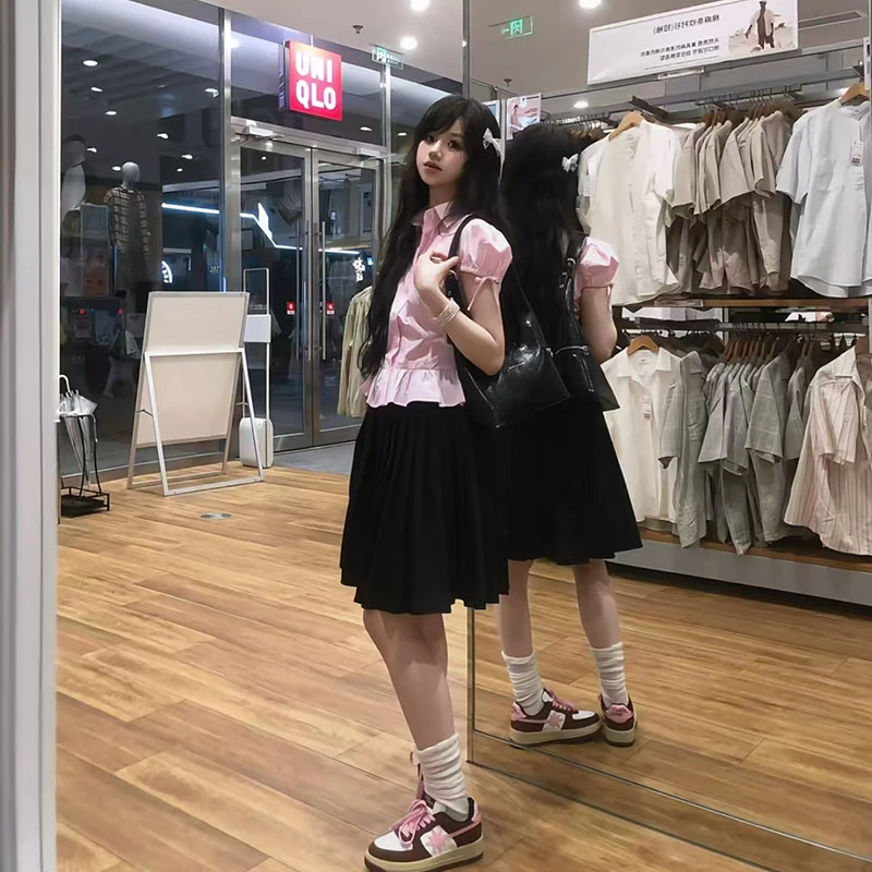 少女风时尚粉色性感无袖宽松休闲修身显瘦上衣宽松半身裙套装女装