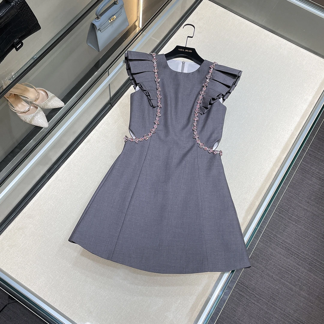 MIUMEM现货灰色圆领轻奢夏季圆领重工女生新款连衣裙DY3968