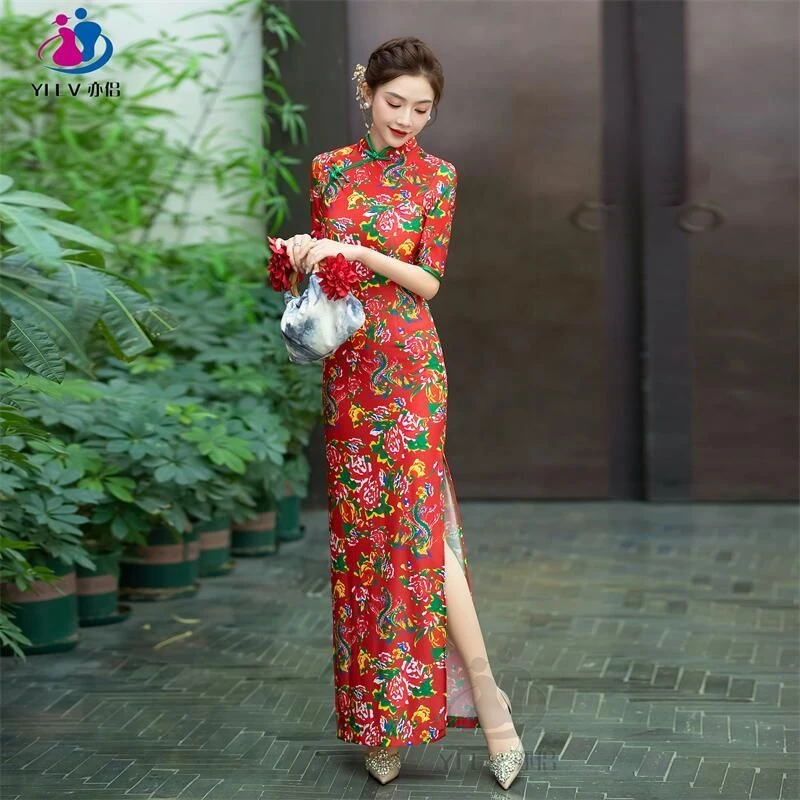 哥弟阿玛施正品红色新款改良演出旗袍长款复古东北花布网红高弹修