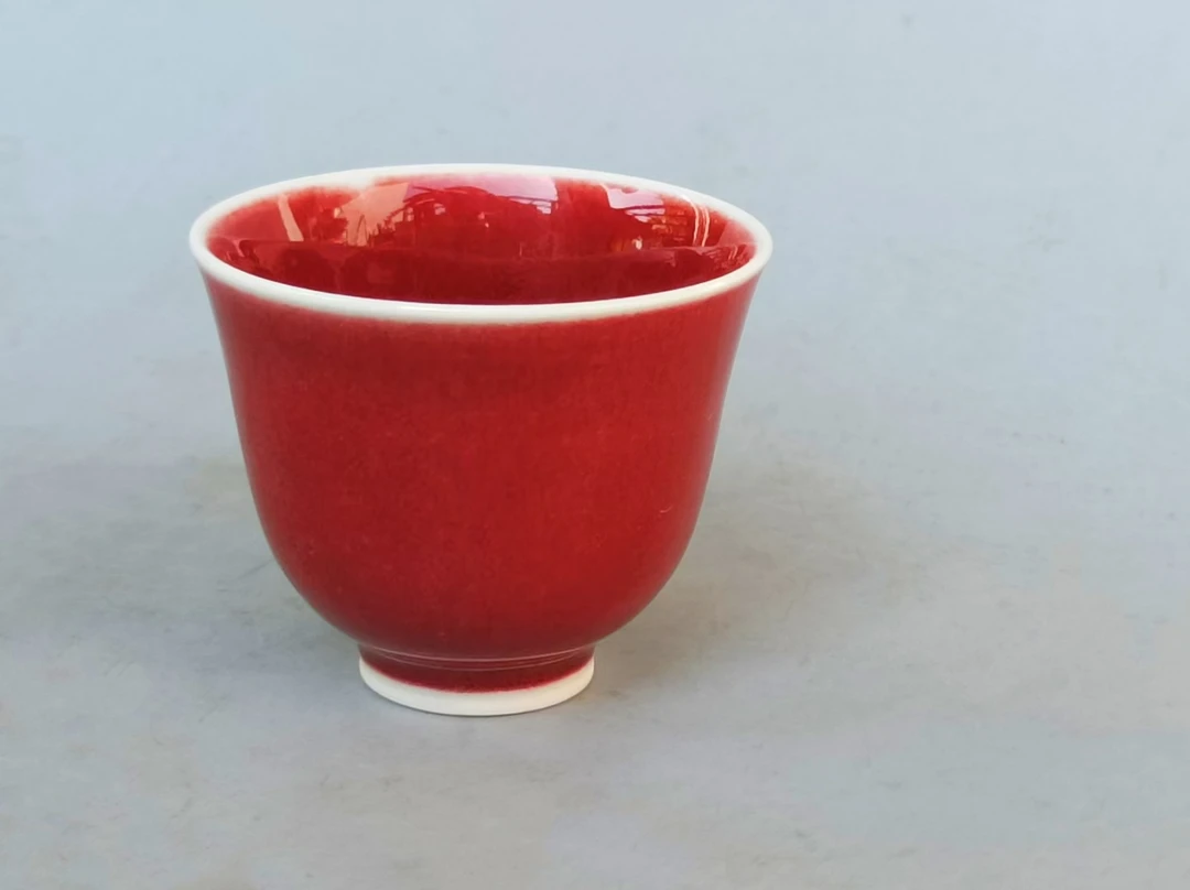 老龙窑郎窑红铜红釉仰钟杯雪顶郎不流端庄绅士油润釉水匀称粉色