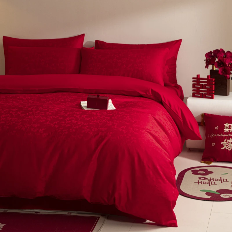 婚庆全棉贡缎提花四件套纯棉大红色结婚床单被套新婚喜嫁床上用品