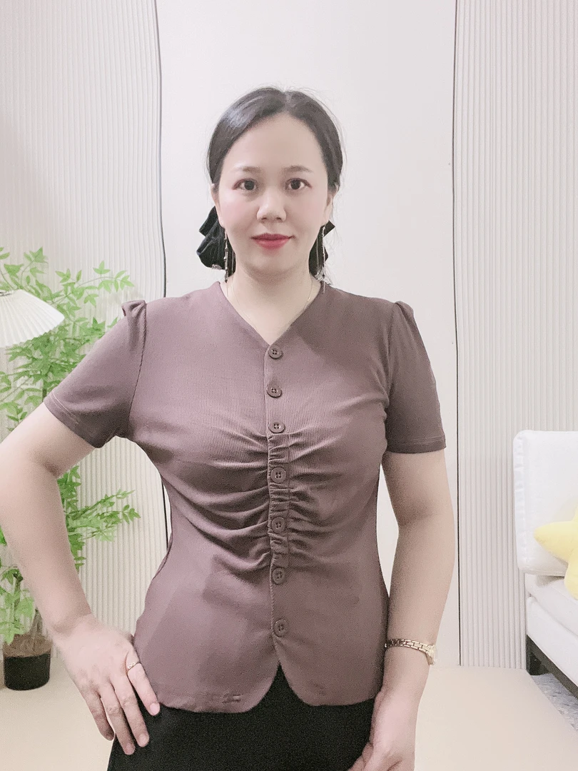 V领短袖褶皱宽松型T恤不规则女装显瘦针织百搭纯色休闲上衣