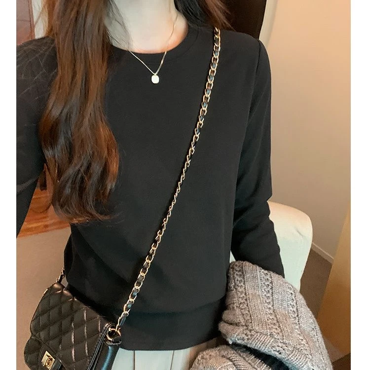 黑色洋气正肩甜辣风时尚百搭长袖t恤女圆领上衣内搭打底衫春秋季