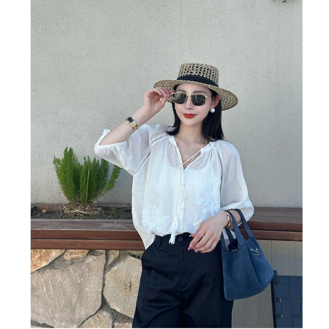 夏季设计感小众高端珠片刺绣时尚百搭女士苎麻七分袖衬衫YF2781C
