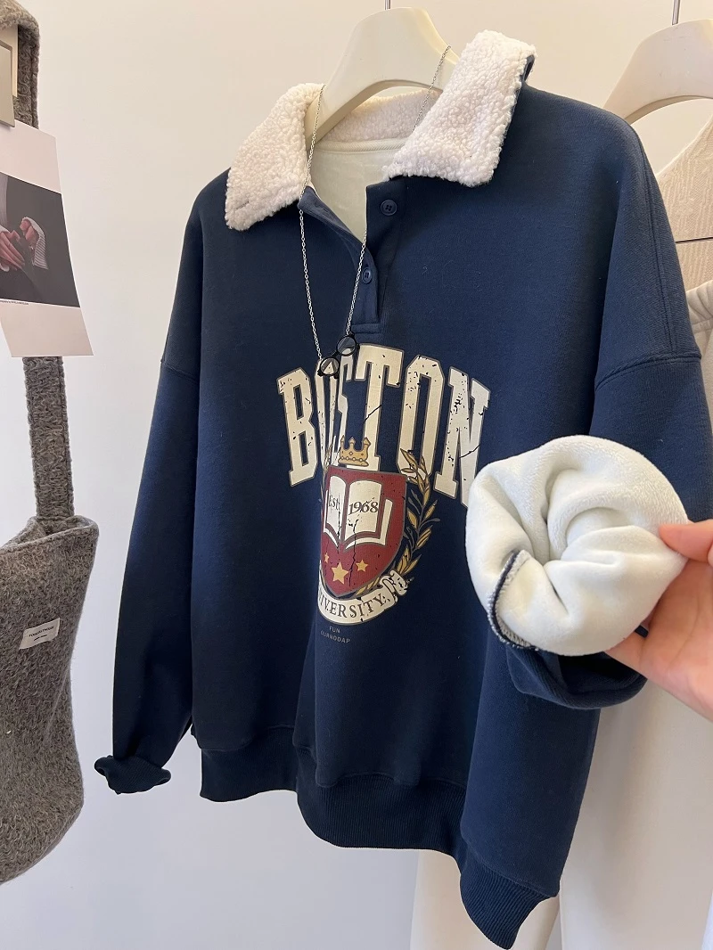 大码拼接翻领字母印花加绒卫衣女秋冬慵懒风宽松加厚套头上衣