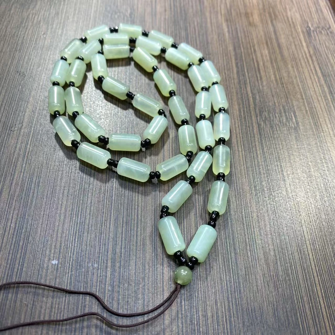 天然岫玉桶珠玉石吊坠配链男女款精品链手工复古绿色精美百搭