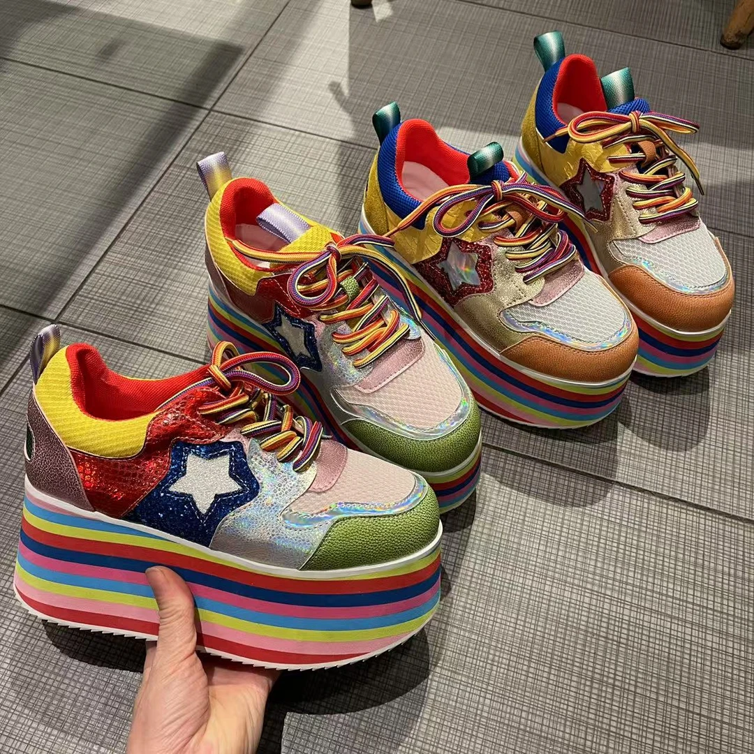 欧洲站女休闲鞋增高老爹鞋女2025春季新款松糕鞋拼色系带透气女鞋