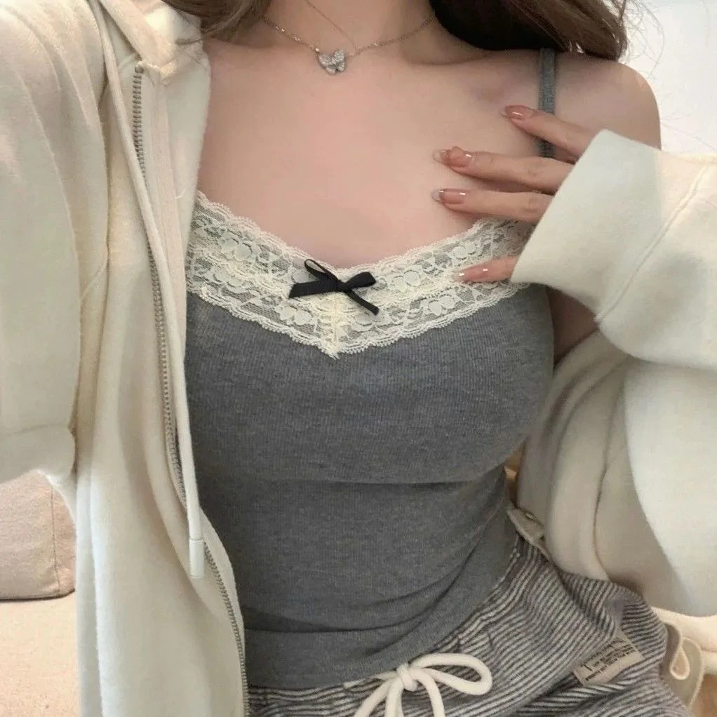 80-200斤螺纹吊带背心女蝴蝶结蕾丝内搭打底外穿显瘦大码胖MM上衣