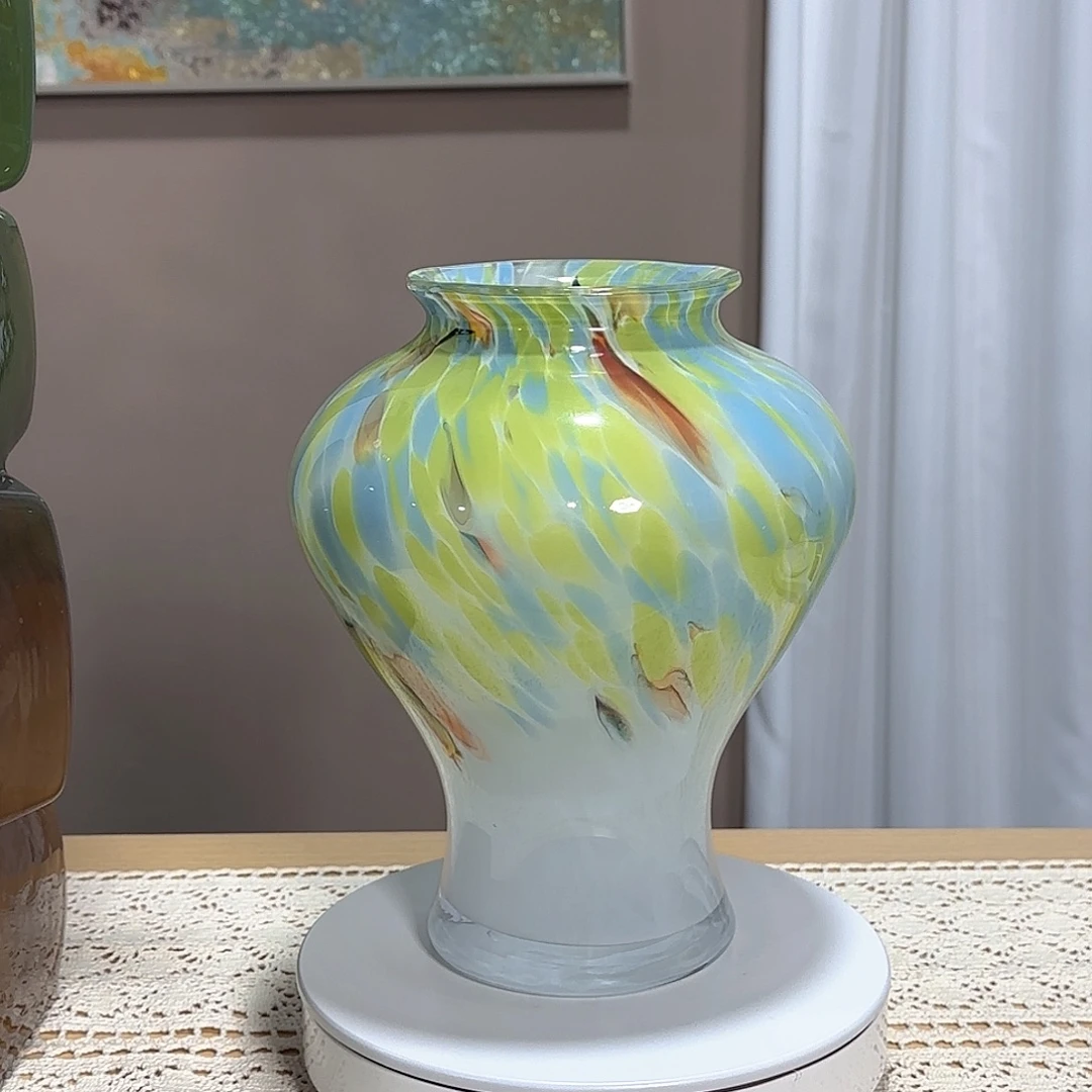 琉璃绿色系宽口手工琉璃花瓶