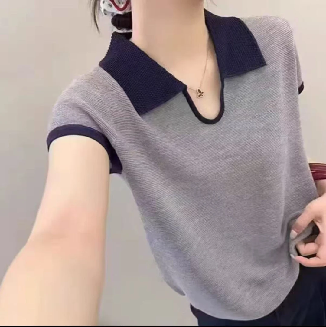 法式POLO领撞色针织短袖上衣T桖032