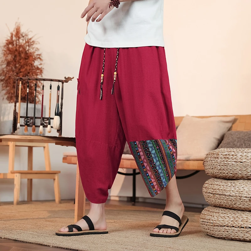灯笼七分裤男士红色亚麻休闲裤夏季薄款中国风大码宽松棉麻哈伦裤