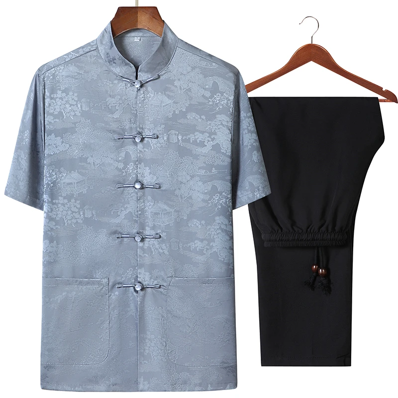 冰丝唐装男中老年爸爸夏装短袖中式薄款套装中国风老人衣服爷爷装