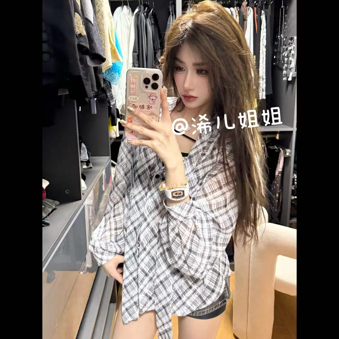 (浠儿姐姐)年时尚上衣衬衫女复古灰白格夏季薄款不规则垂感衬衣
