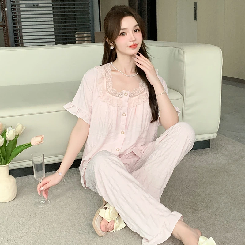 新款蕾丝花边短袖带杯垫三件套睡衣公主风圆领开衫透气女套装2068