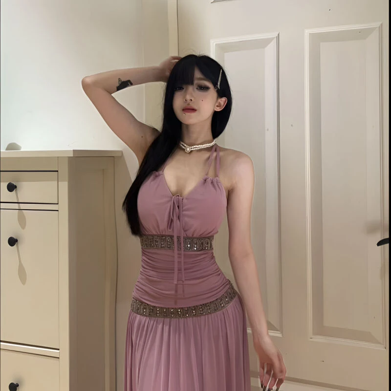 【小洋家】（鸿衣羽裳）重工钉珠挂脖显瘦女装连衣裙-SXYSX402675