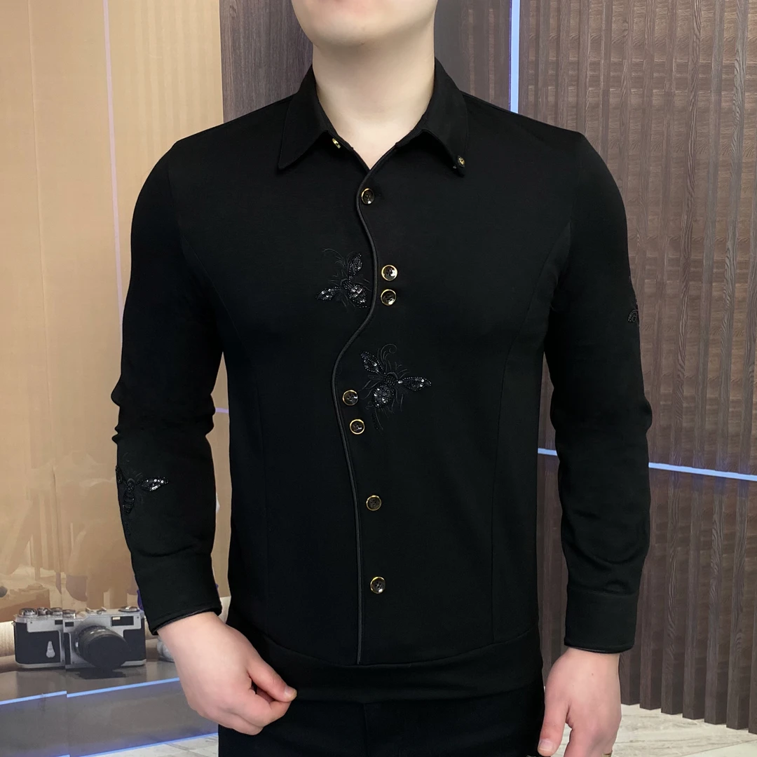 2025春款黑蜜蜂纽扣卫衣长袖时尚潮流修身男士翻领商务休闲百搭