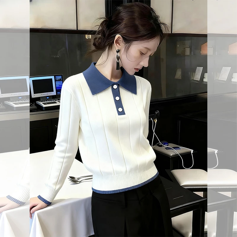 韩系洋气学院风撞色翻领针织衫女秋冬新款温柔减龄百搭显瘦上衣潮