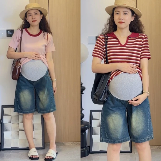 孕妇夏天薄款外穿宽松显瘦休闲上衣大码阔腿直筒牛仔五分短裤套装