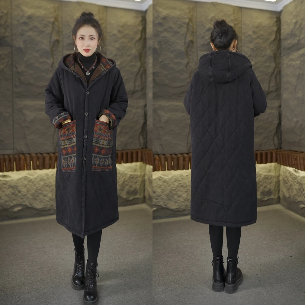 冬季爆款加绒加棉加厚砂洗软牛仔时尚连帽减龄加长韩版棉服2669