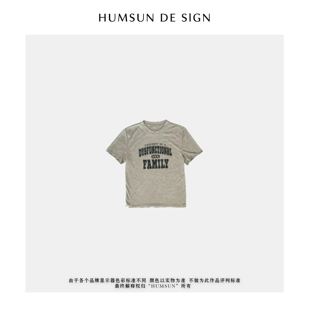 HUMSUN/禾木笙 复古美式印花木耳边甜美风圆领短袖T恤 24A5140