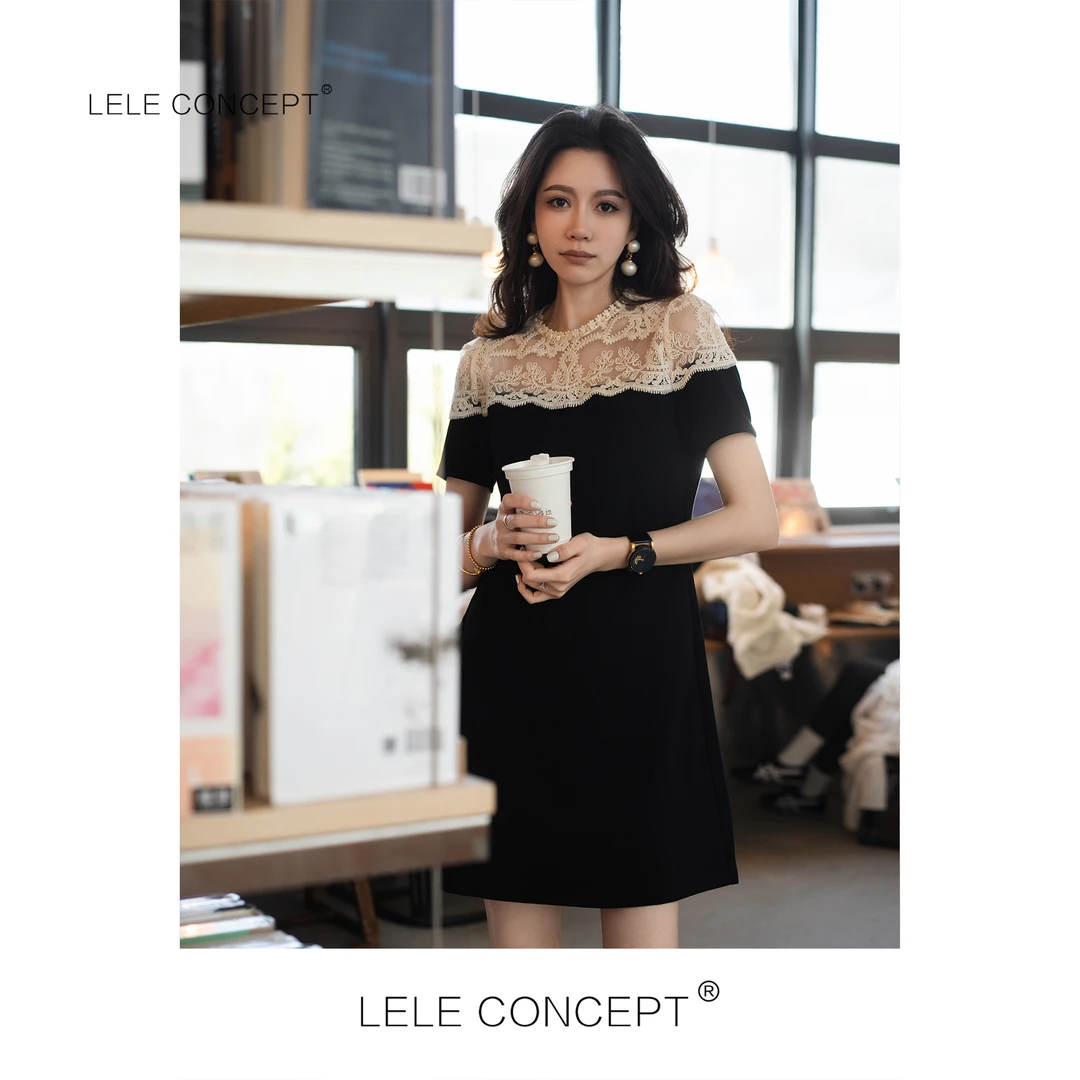 LELE CONCEPT丨拼接扣花半袖连衣裙Q0592