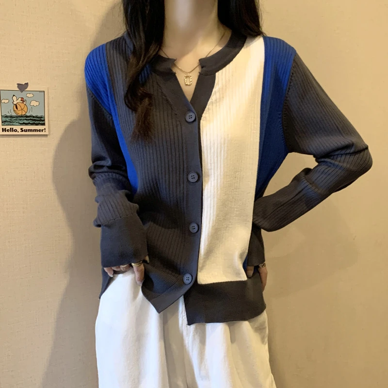 大码撞色V领针织开衫外套女春秋季胖mm显瘦毛衣内搭打底长袖上衣