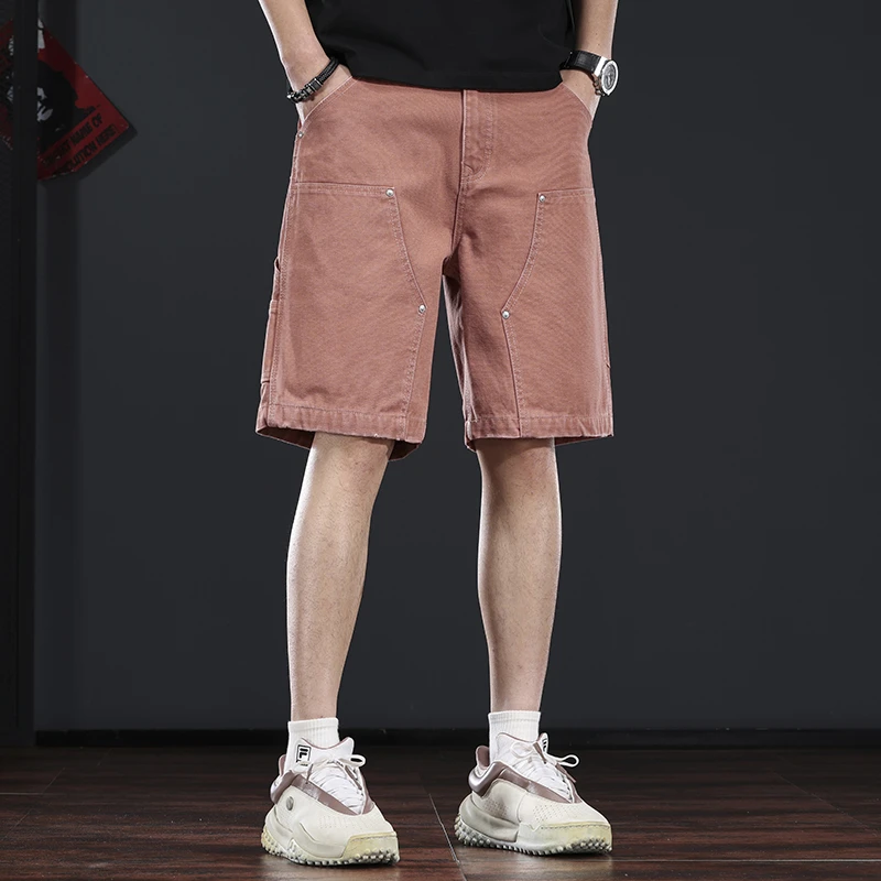 重磅厚款休闲短裤男宽松直筒五分裤纯棉美式复古工装伐木裤中裤潮