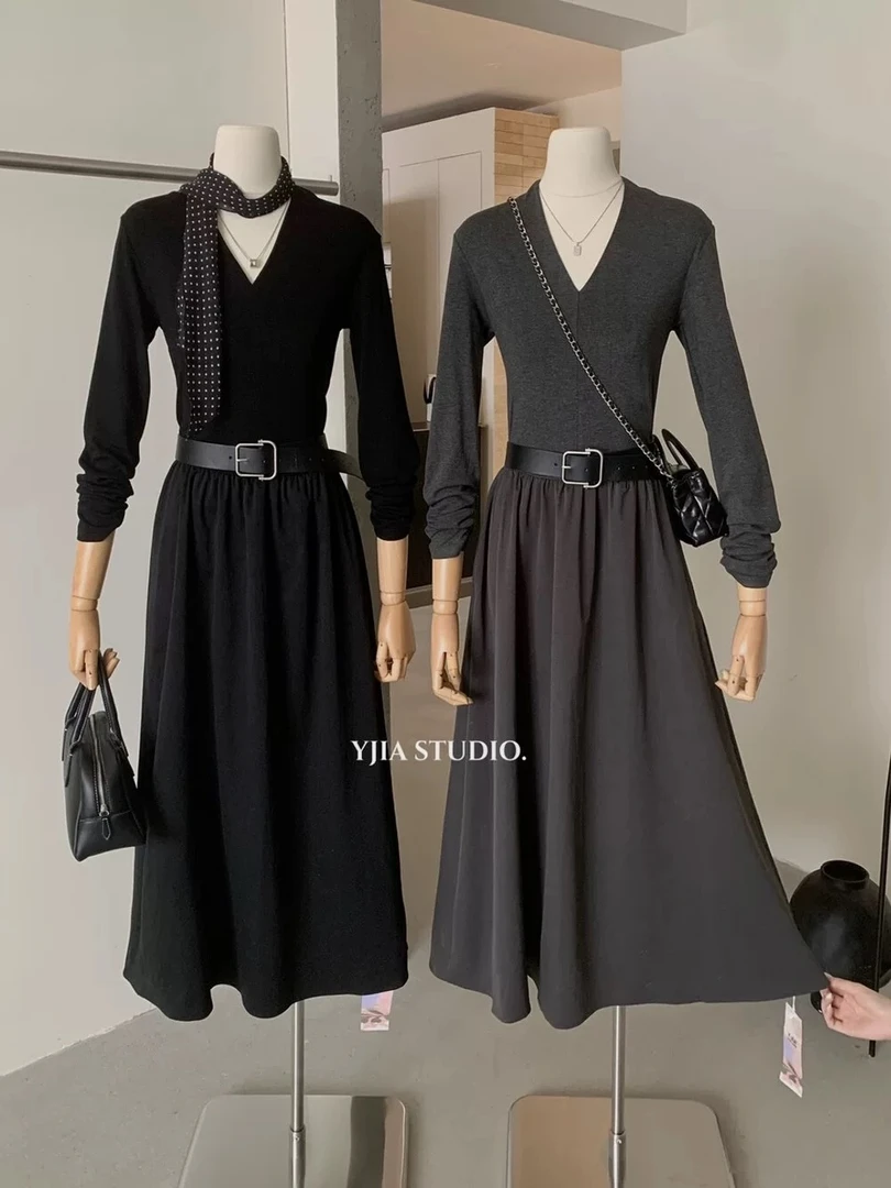 Y.JIA伊嘉新款十三行秋季设计气质复古收腰显瘦v领连衣裙女配腰带