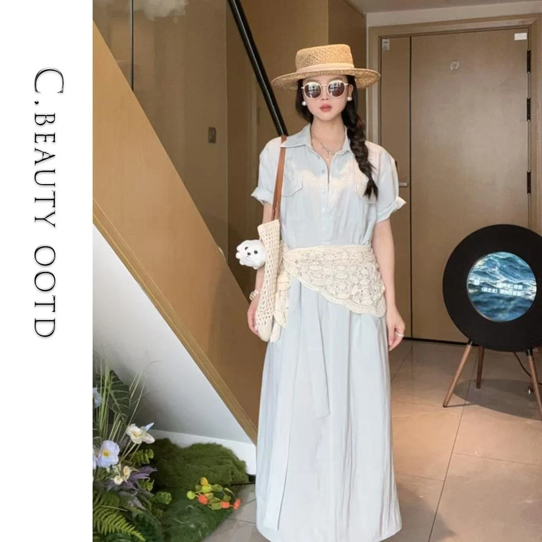 2025新款一体短袖天丝亚麻连衣裙蓝色粉色黄色女