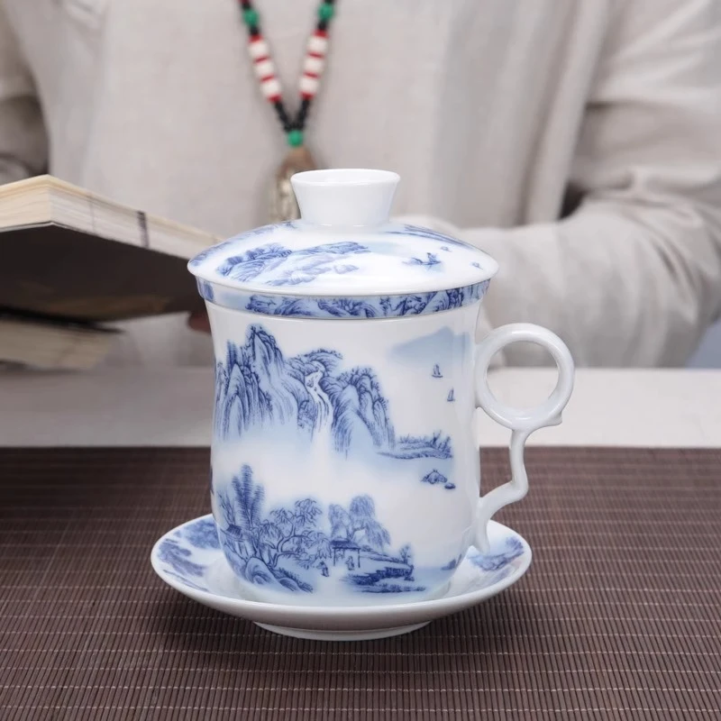 简约1个便携款花草马克杯陶瓷杯带盖水杯珐琅会议杯