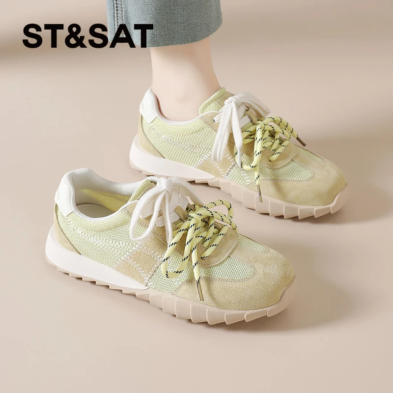 星期六真皮双系带板鞋女2025年夏季复古百搭休闲鞋拼色时尚德训鞋