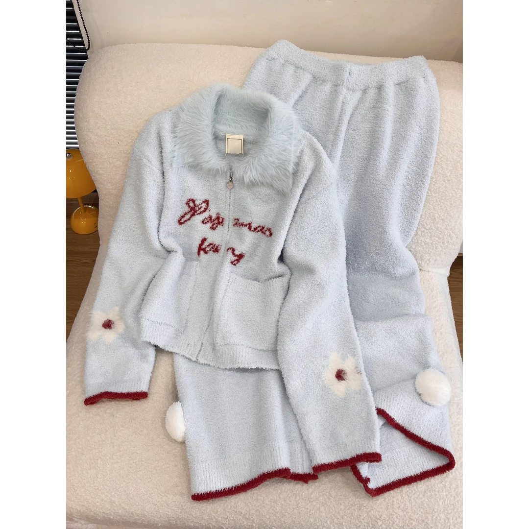 日系甜美可爱风少女半边绒睡衣女秋季2025新款大码宽松家居服套装