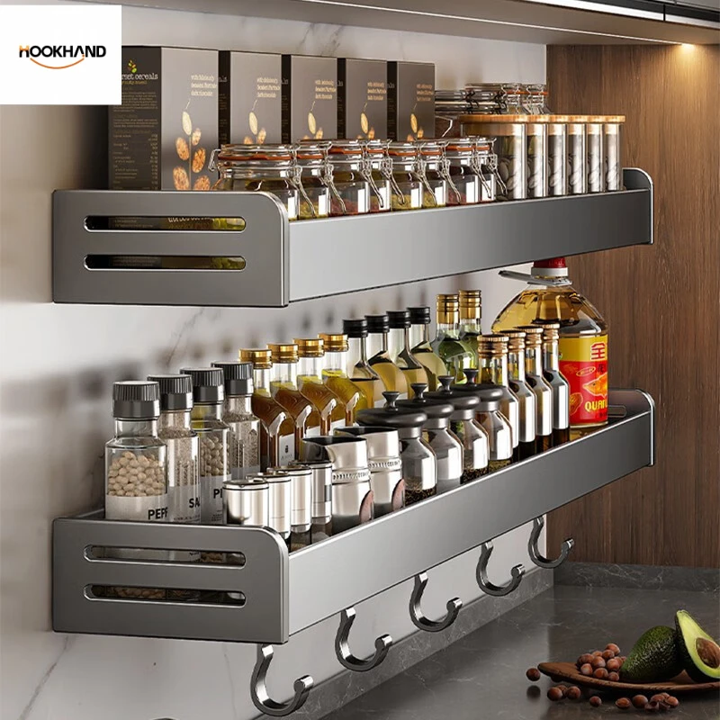 厨房置物架调料架免打孔壁挂墙上枪灰调味品多功能家用大全收纳架