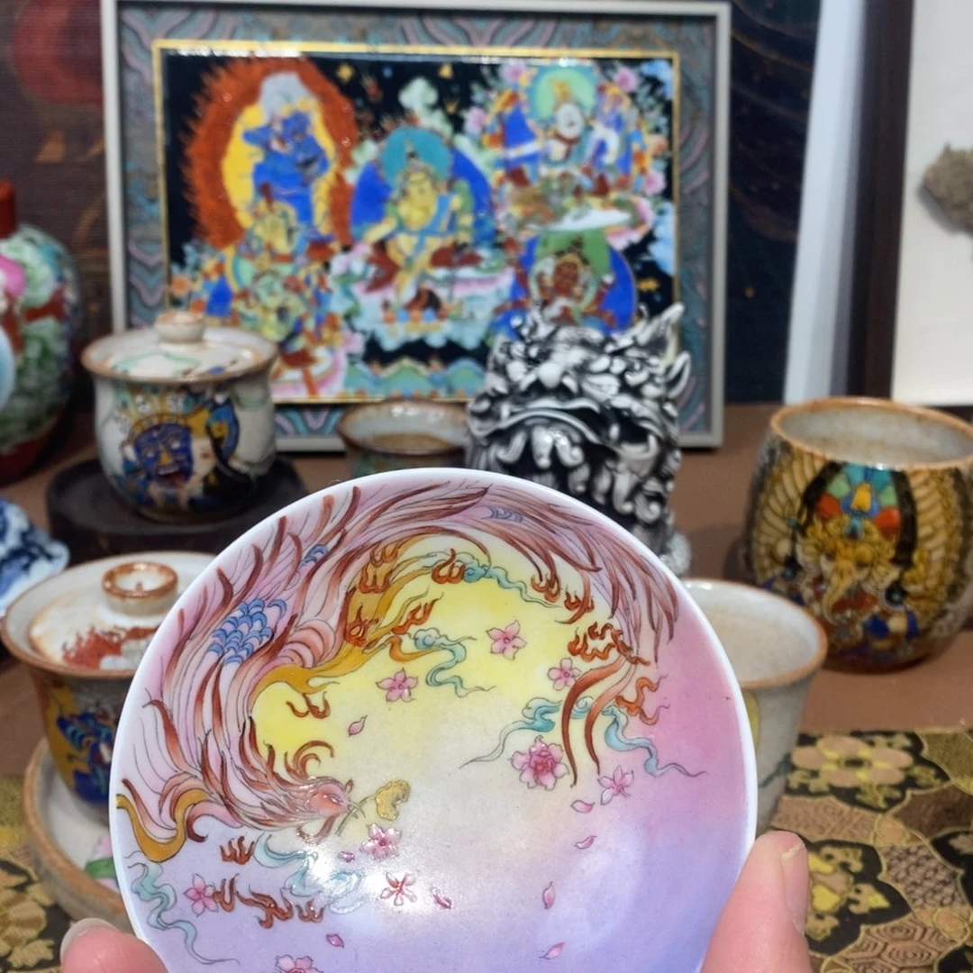 手工手绘凤凰茶杯