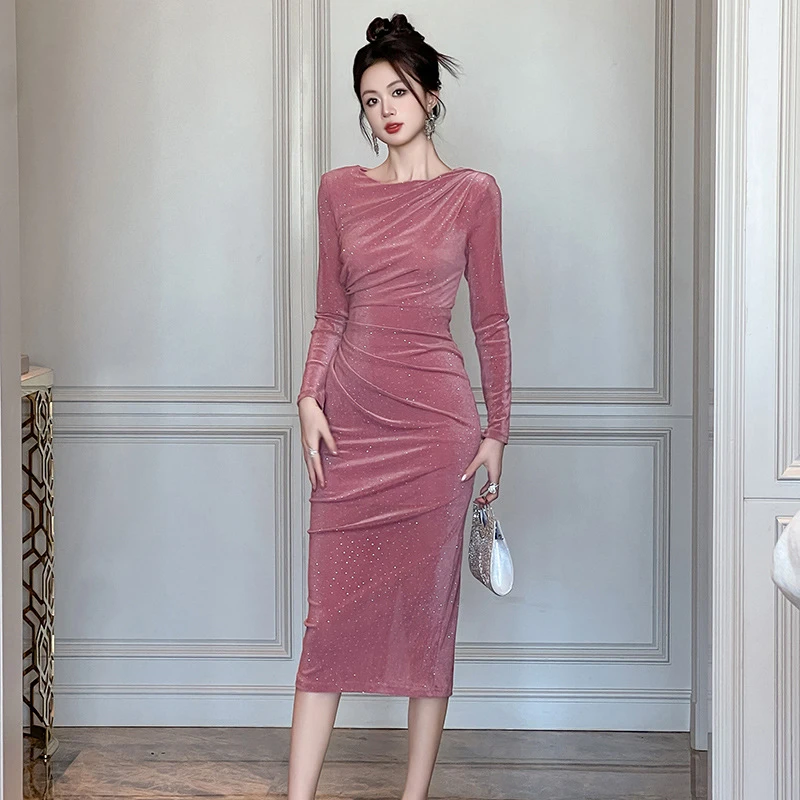 新款法式重工烫钻遮服褶皱修身连衣裙内搭长裙女31017