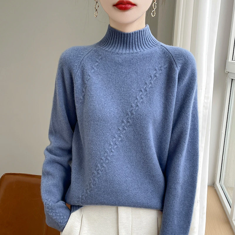 秋冬季爆款半高领羊毛衫女秋冬加厚扭花宽松慵懒风打底羊绒针织衫