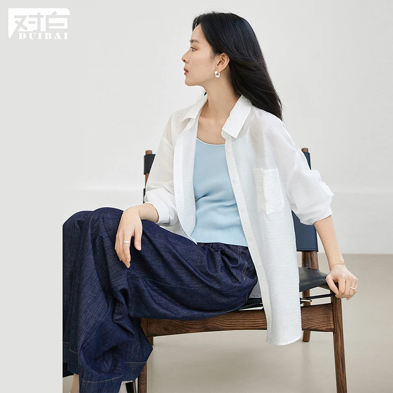 对白轻盈莱赛尔休闲白衬衫女2025春季新款长袖宽松透气薄开衫衬衣