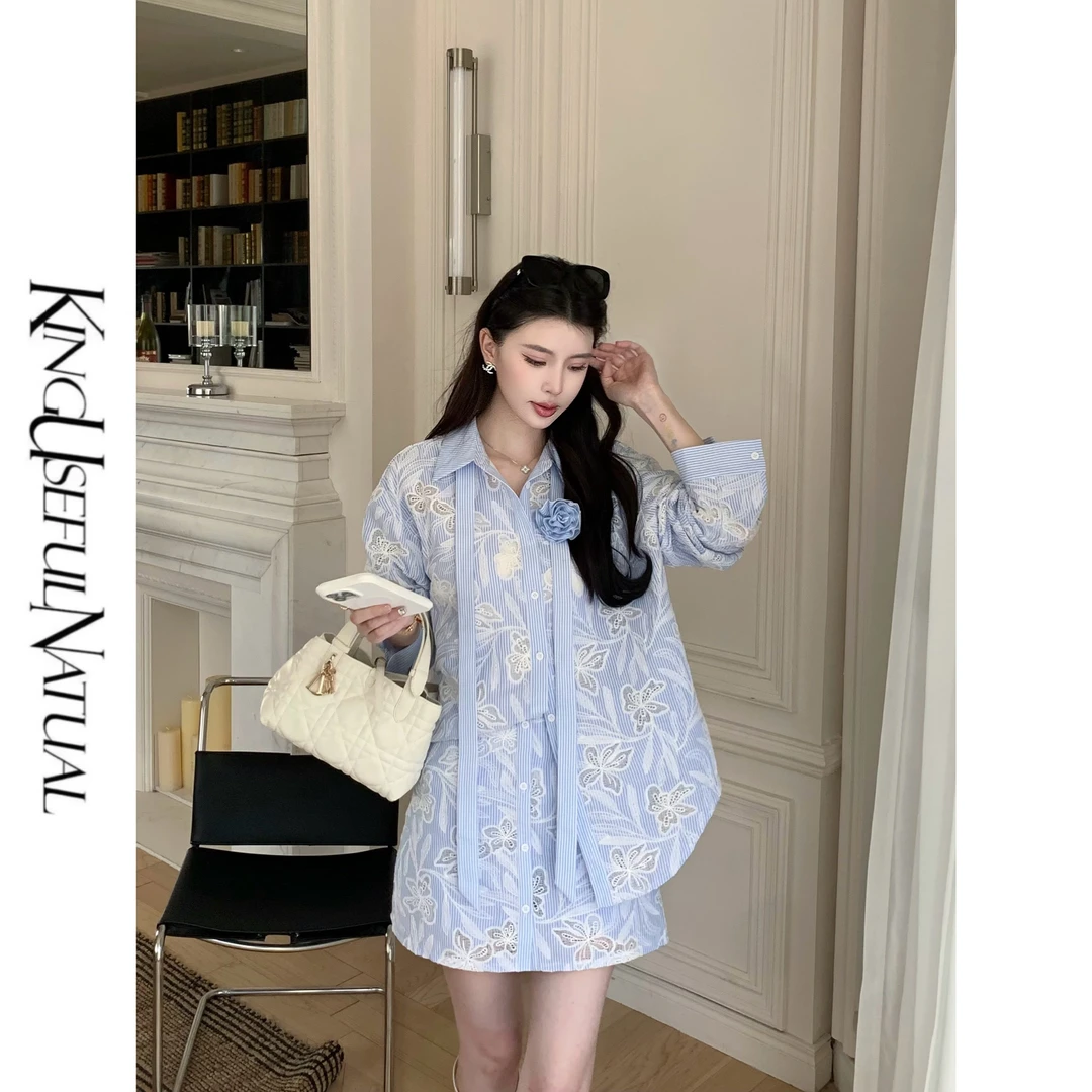 KUN【遇见铃兰】美妙时刻 蓝色条纹盘绳绣花宽松衬衫短裙秋冬套装